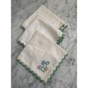Vintage Hand Embroidered Cactus Linen Napkins Set of 3 Green Lace Trim 11.5"